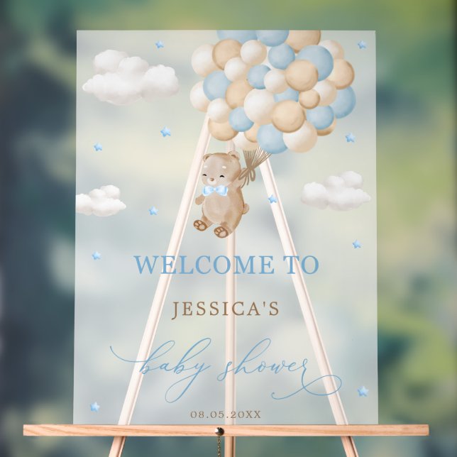 Teddy Bear with Blue Balloons Baby Shower Welcome Acrylic Sign (Neutral)