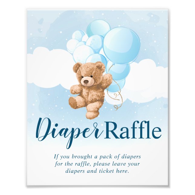Teddy Bear with Blue Balloons Diaper Raffle Sign (Front)