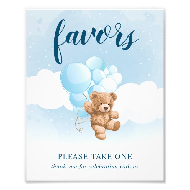 Teddy Bear with Blue Balloons Favours Sign (Front)