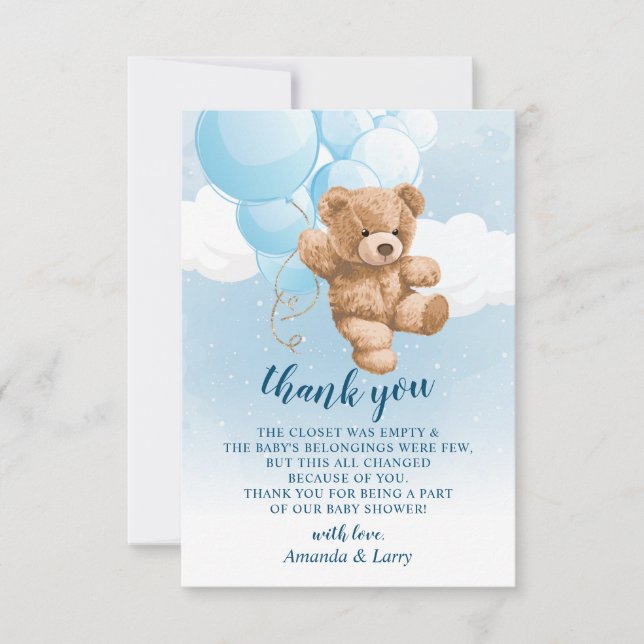 Teddy Bear with Blue Balloons Thank You Card (Front)
