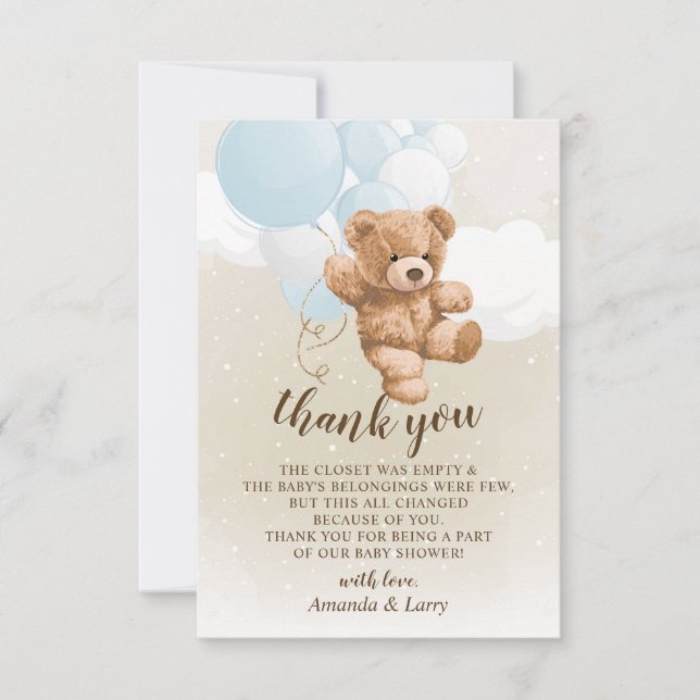 Teddy Bear with Blue Balloons Thank You Card (Front)