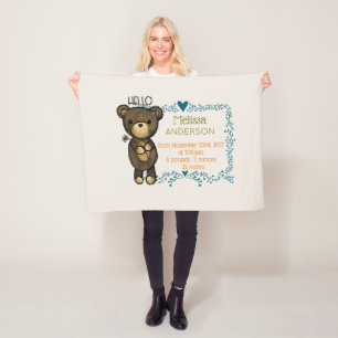 Teddy bear with Blue Floral Wreath Baby Birth Fleece Blanket