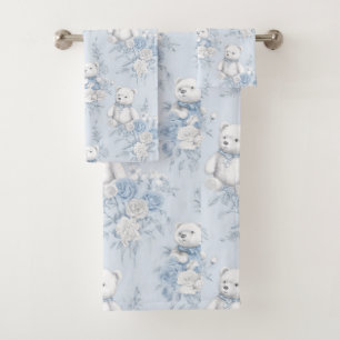 teddy bear with blue roses bath towel set