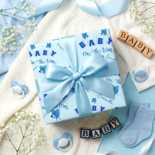 Teddy Bear With Blue Text Baby Shower Wrapping Paper