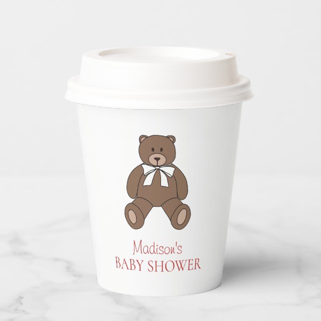Teddy Bear with Bow and Red Text Name Baby Shower Paper Cups (Front)