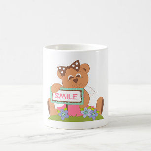 Teddy Bear with Bow Holding Smile Sign  Coffee Mug