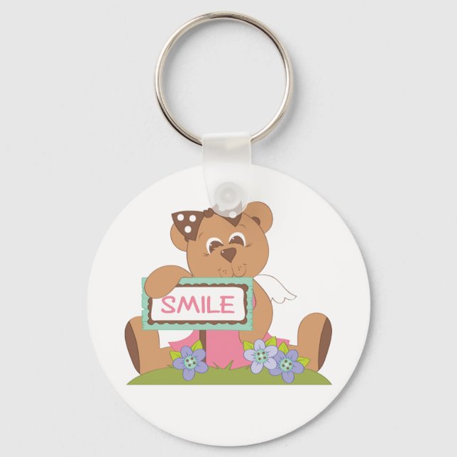 Teddy Bear with Bow Holding Smile Sign  Key Ring (Front)