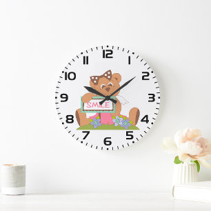 Teddy Bear with Bow Holding Smile Sign  Large Clock