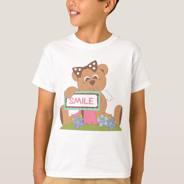 Teddy Bear with Bow Holding Smile Sign  T-Shirt (Front)