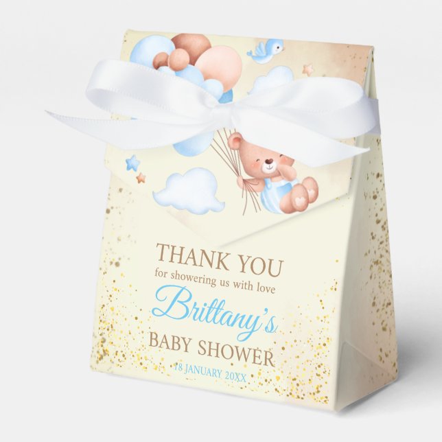 Teddy bear with brown and blue balloons and clouds favour box (Front Side)