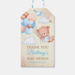 Teddy bear with brown and blue balloons and clouds gift tags