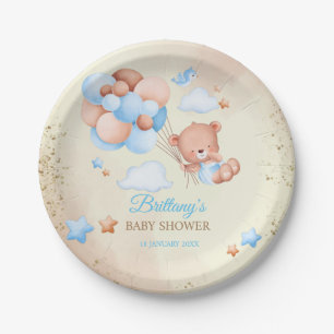 Teddy bear with brown and blue balloons and clouds paper plate