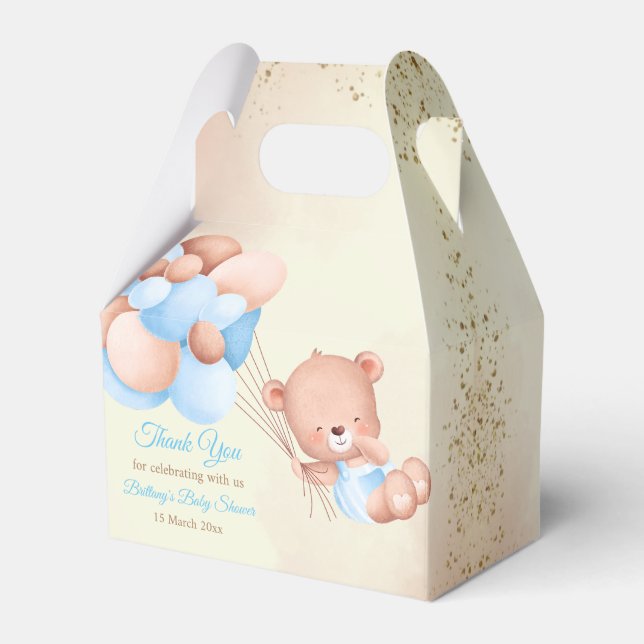 Teddy bear with brown and blue balloons favour box (Front Side)