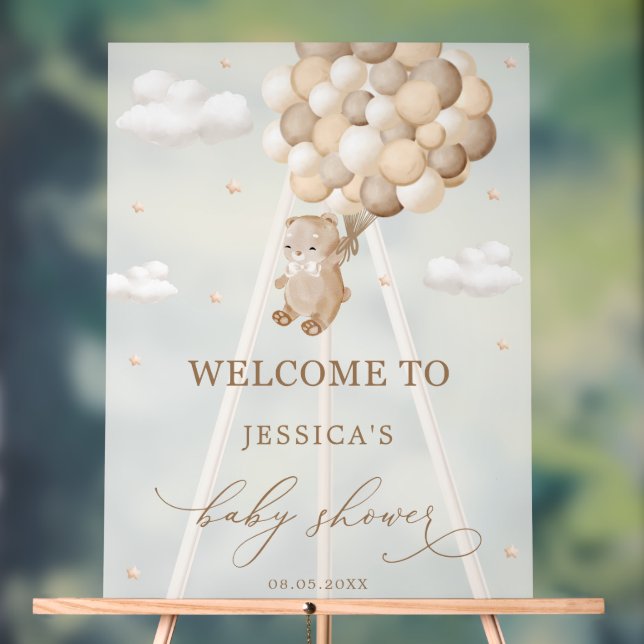 Teddy Bear with Brown Balloons Baby Shower Welcome Acrylic Sign (Neutral)