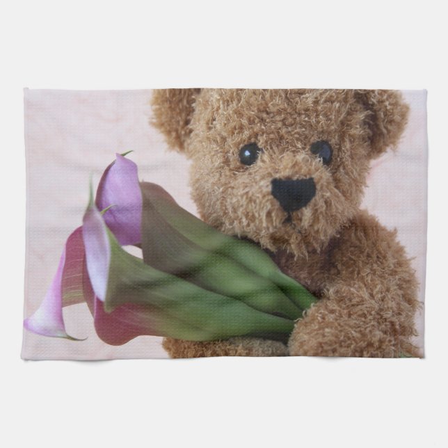 teddy bear with calla lilies kitchen towel (Horizontal)