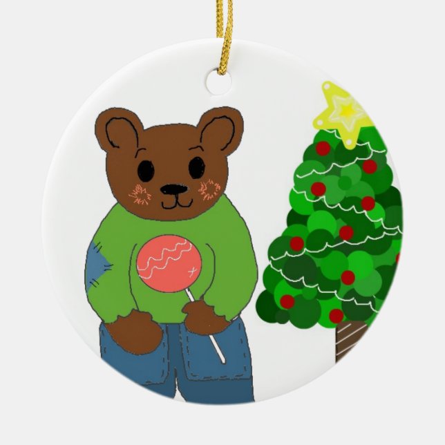 Teddy Bear with Christmas Tree Ceramic Tree Decoration (Front)