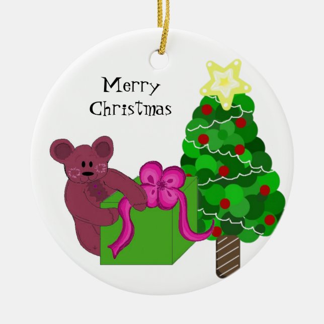 Teddy Bear with Christmas Tree Ceramic Tree Decoration (Front)
