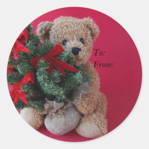 teddy bear with Christmas tree gift tag stickers