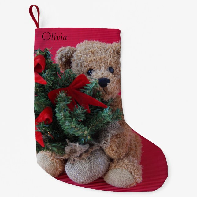 Teddy bear with Christmas tree Small Christmas Stocking (Front)