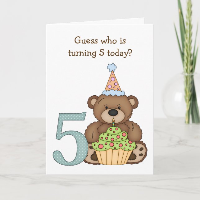 Teddy Bear with Cupcake Kids Fifth Birthday Card (Front)