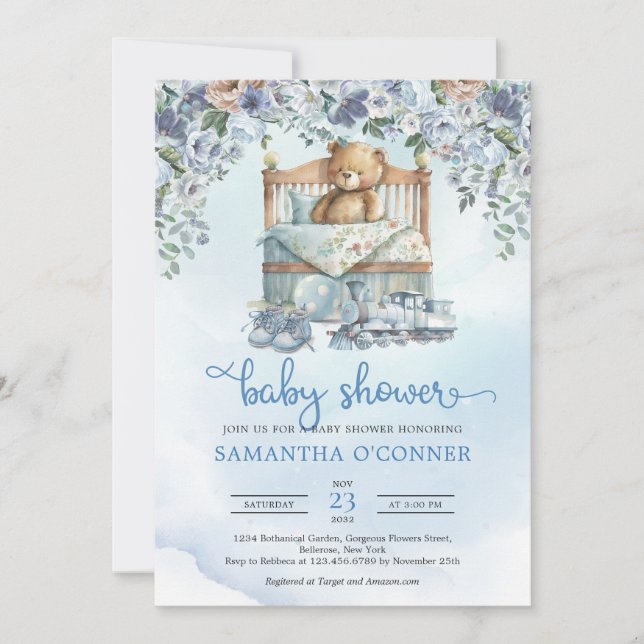Teddy bear with dusty blue and beige flowers  invitation (Front)