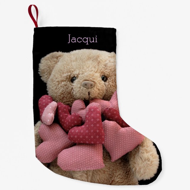Teddy bear with fabric hearts small christmas stocking (Front)