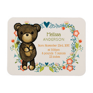 Teddy Bear with Fancy Florals baby Birth Magnet