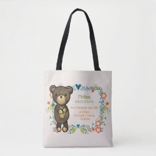 Teddy Bear with Floral Designs Baby Birth Tote Bag