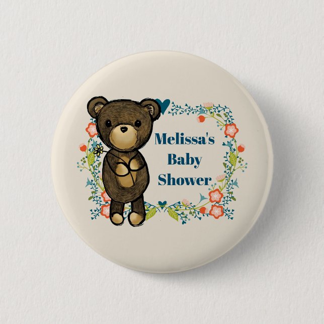 Teddy bear with Floral Wreath Baby Shower 6 Cm Round Badge (Front)