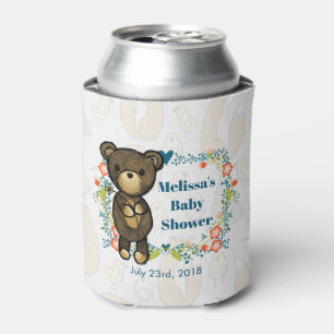 Teddy bear with Floral Wreath Baby Shower Can Cooler