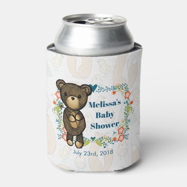 Teddy bear with Floral Wreath Baby Shower Can Cooler (Can Front)