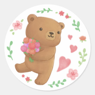 Teddy Bear with Flowers Classic Round Sticker