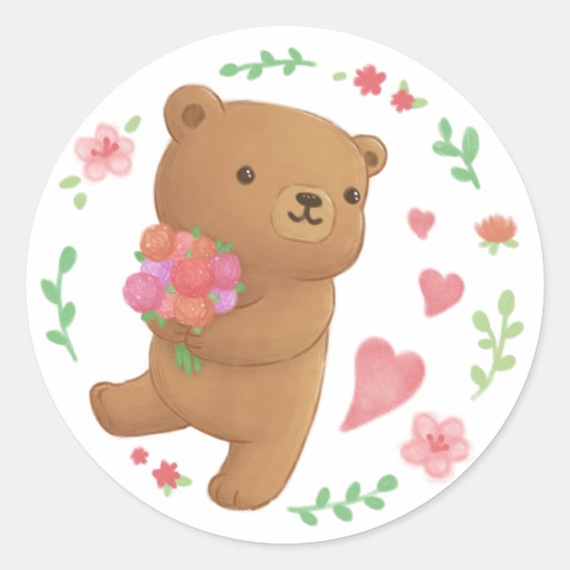 Teddy Bear with Flowers Classic Round Sticker (Front)