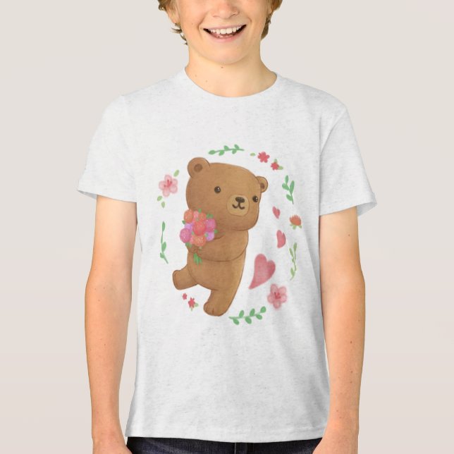 Teddy Bear with Flowers Tri-Blend Shirt (Front)