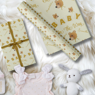 Teddy Bear With Gold Cream Text Baby Shower Wrapping Paper
