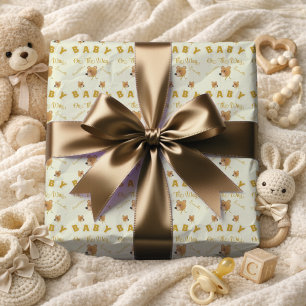 Teddy Bear With Gold Cream Text Baby Shower Wrapping Paper