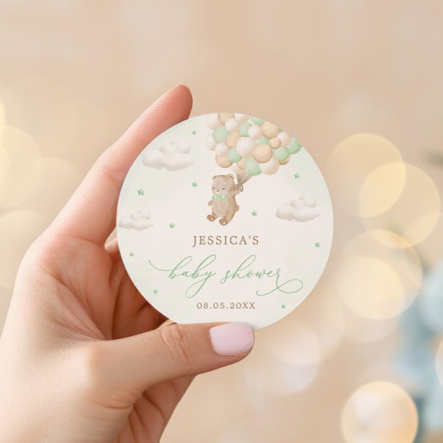 Teddy Bear with Green Balloons Baby Shower Classic Round Sticker (Creator Uploaded)