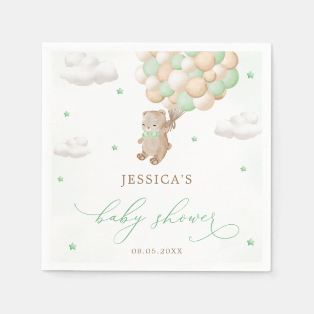 Teddy Bear with Green Balloons Baby Shower Napkin (Front)