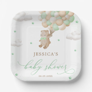 Teddy Bear with Green Balloons Baby Shower Paper Plate