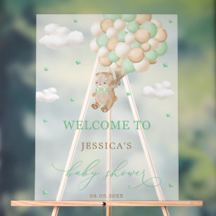 Teddy Bear with Green Balloons Baby Shower Welcome Acrylic Sign