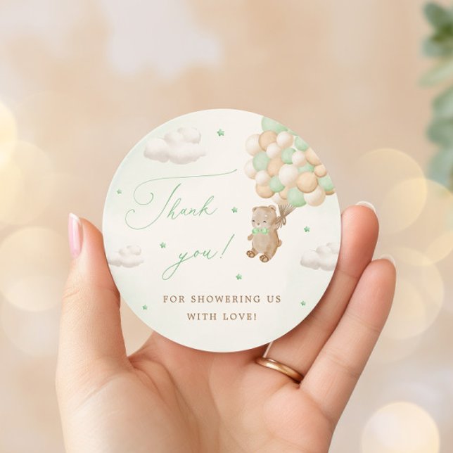 Teddy Bear with Green Balloons Thank You Classic Round Sticker (Creator Uploaded)