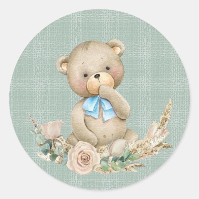 Teddy Bear with Greenery Pink Rose Boy Baby Shower Classic Round Sticker (Front)