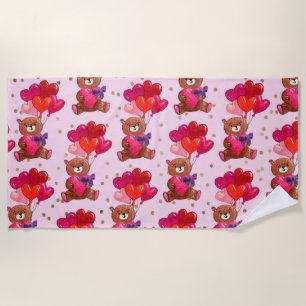 Teddy Bear With Heart Balloons Pattern Beach Towel