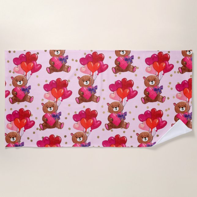 Teddy Bear With Heart Balloons Pattern Beach Towel (Front)
