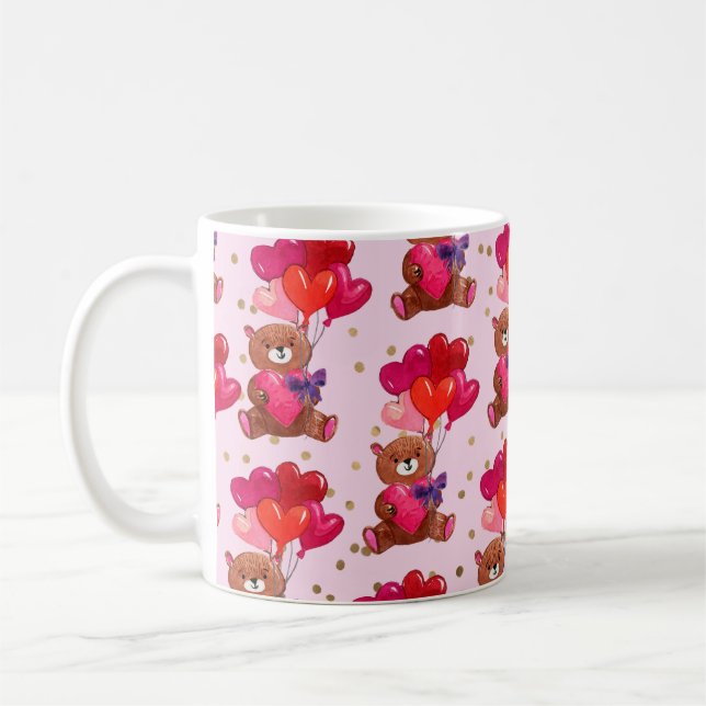 Teddy Bear With Heart Balloons Pattern Coffee Mug (Left)