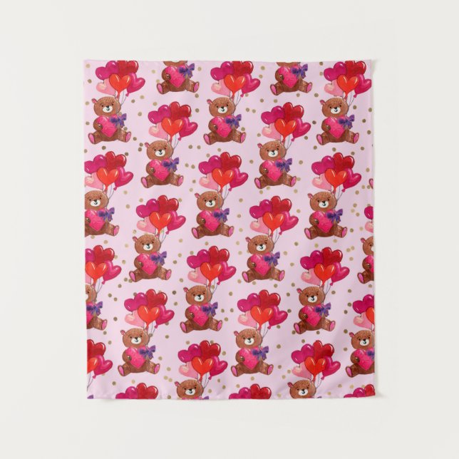 Teddy Bear With Heart Balloons Pattern Tapestry (Front)