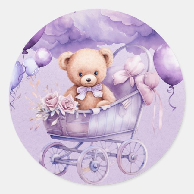 Teddy Bear With Lavender Carriage Girl Baby Shower Classic Round Sticker (Front)