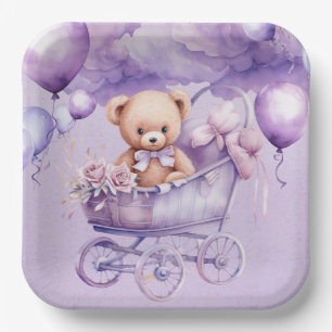 Teddy Bear With Lavender Carriage Girl Baby Shower Paper Plate