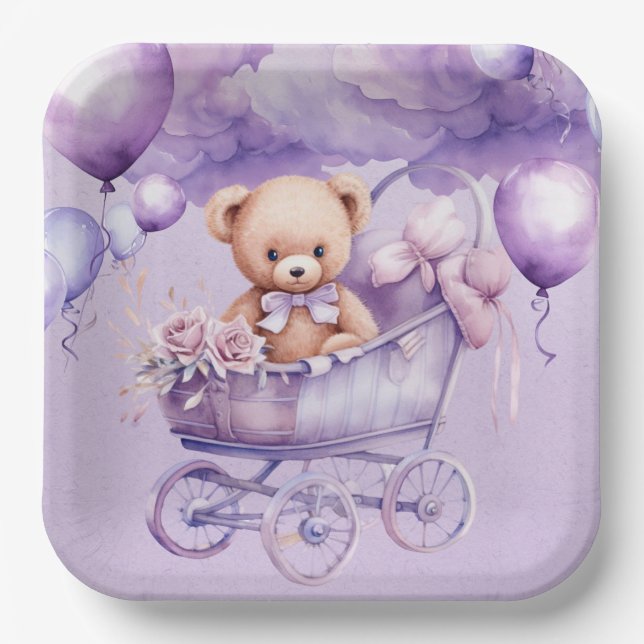 Teddy Bear With Lavender Carriage Girl Baby Shower Paper Plate (Front)