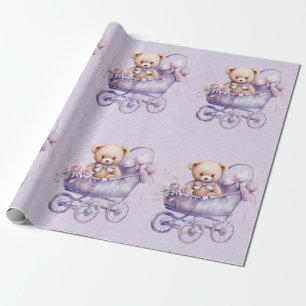 Teddy Bear With Lavender Carriage Girl Baby Shower Wrapping Paper